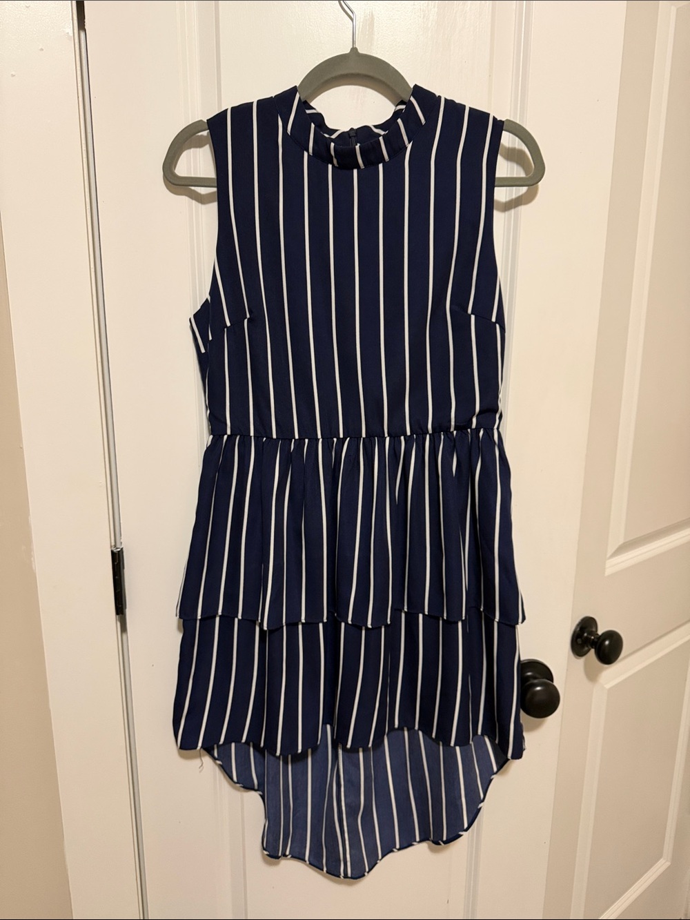 Pink Martini Navy and White Vertical Stripe Asymmetrical Tiered Dress